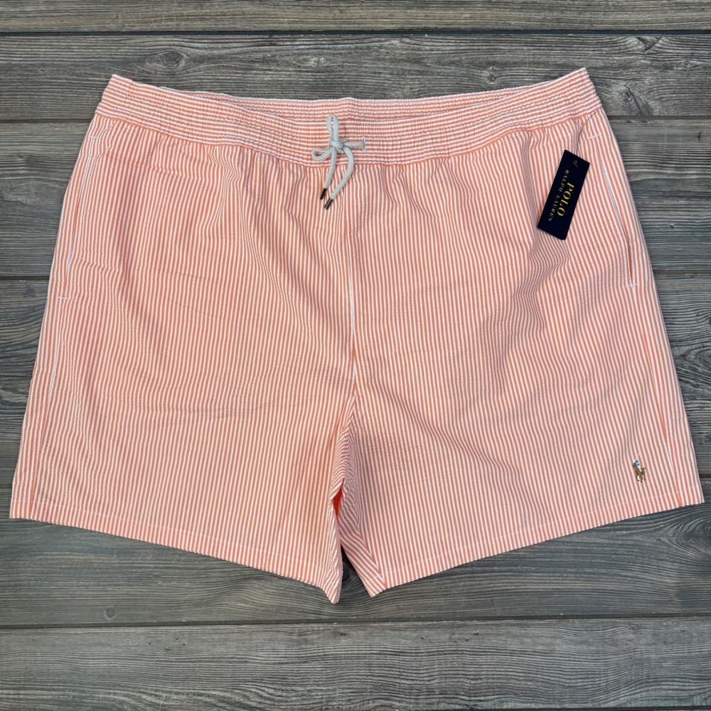 Polo Ralph Lauren Mens 2XB Swim Trunks Orange White Seersucker Striped NEW